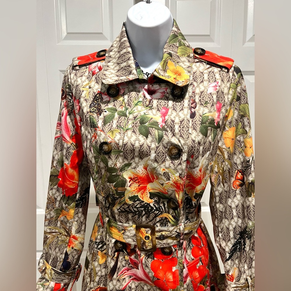 SPANNER Multicolor Floral Belted Trench Coat Size Small - Picture 3 of 12